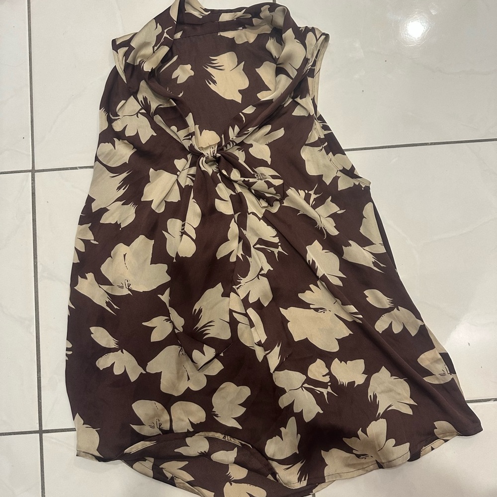 Brown and Cream Floral Sleeveless Top